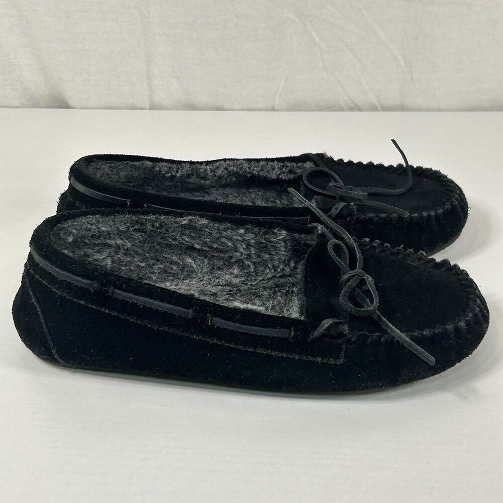 Minnetonka Moccasins Slippers Womens 9 Black Leather Soft Faux Fur Lined Loafer